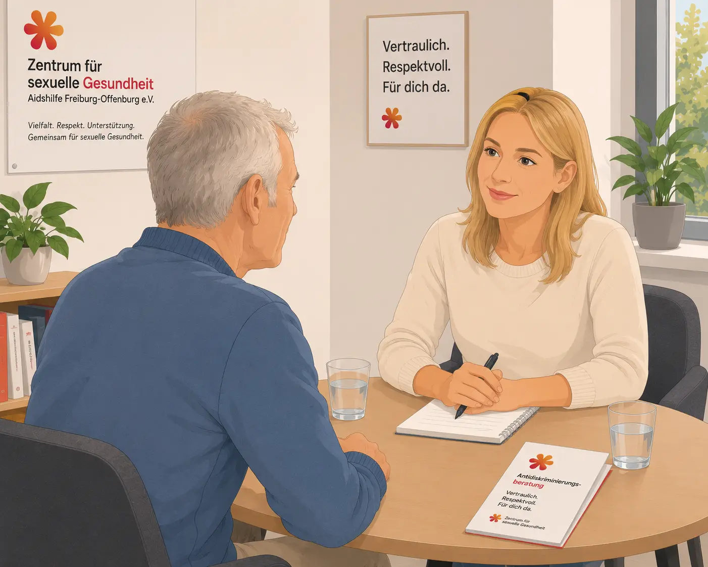 Illustration: Zwei Personen sitzen an einem Tisch und eine Person wird beraten