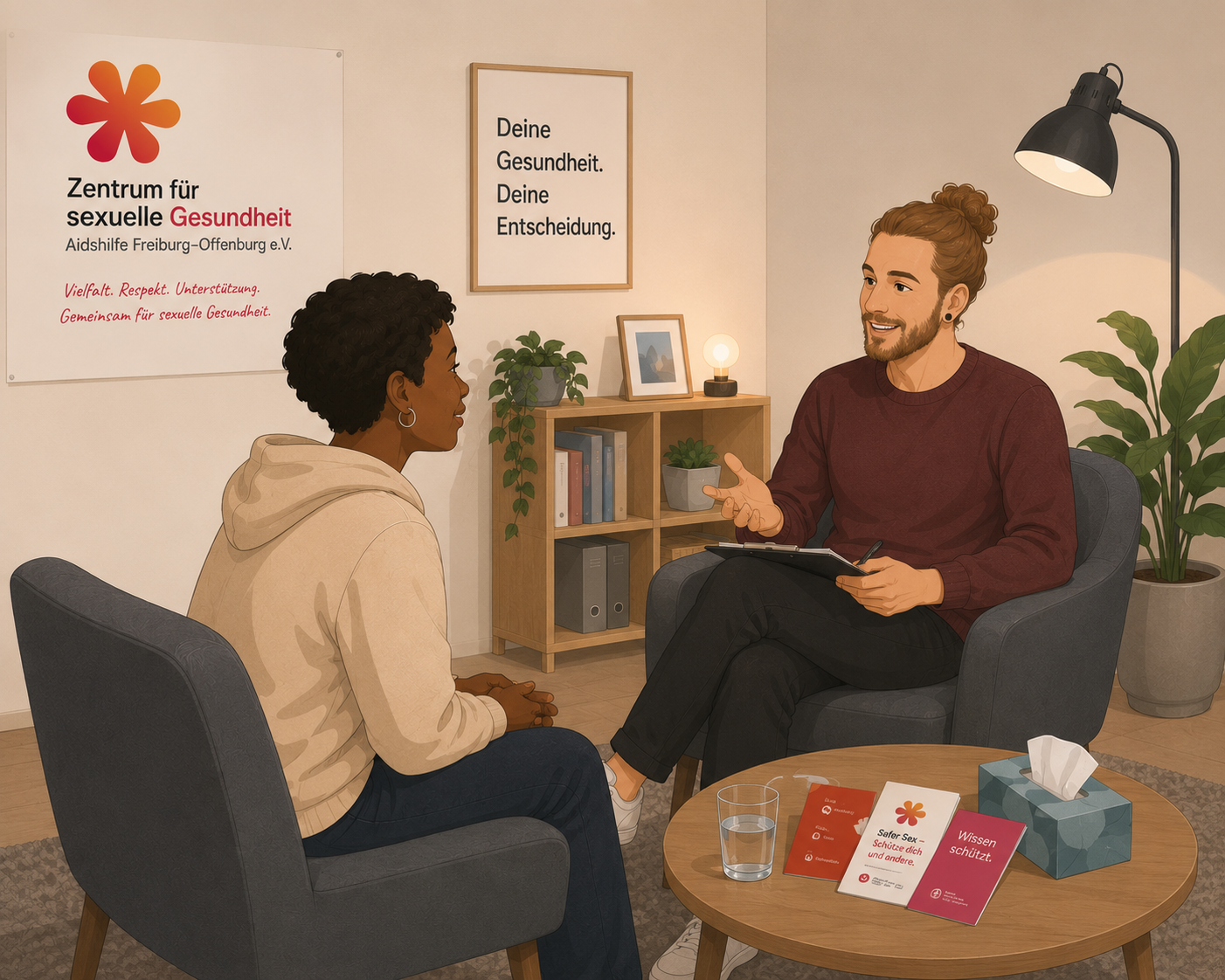 Illustration: Zwei Personen sitzen auf Sesseln und unterhalten sich.