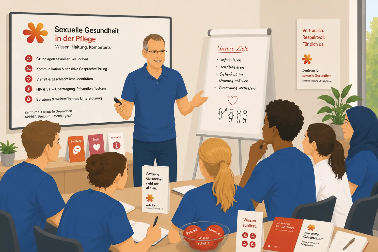 Illustration: Pflegeschüler*innen werden von einer Person unterrichtet