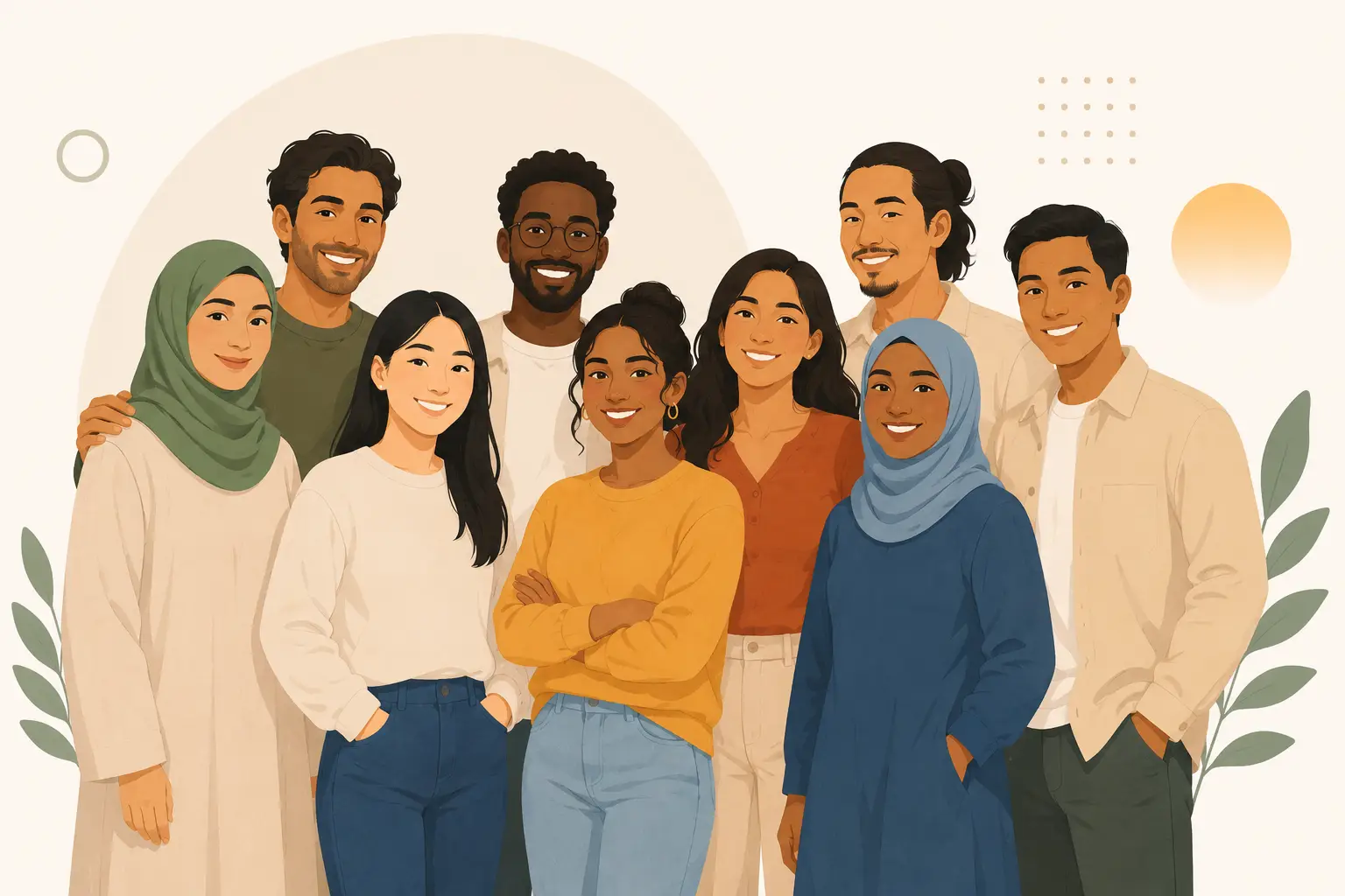 Illustration: Eine Gruppe Menschen mit Migrationshintergrund steht zusammen. Es sind Ehrenamtliche der GeMi Gruppe