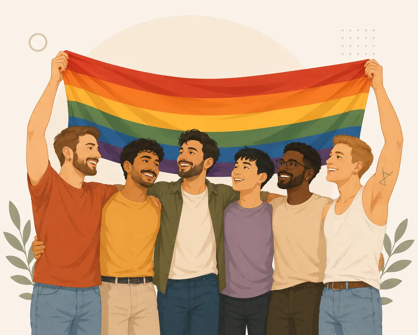 Illustration: Eine Gruppe Männer* mit der Regenbogenflagge in der Hand
