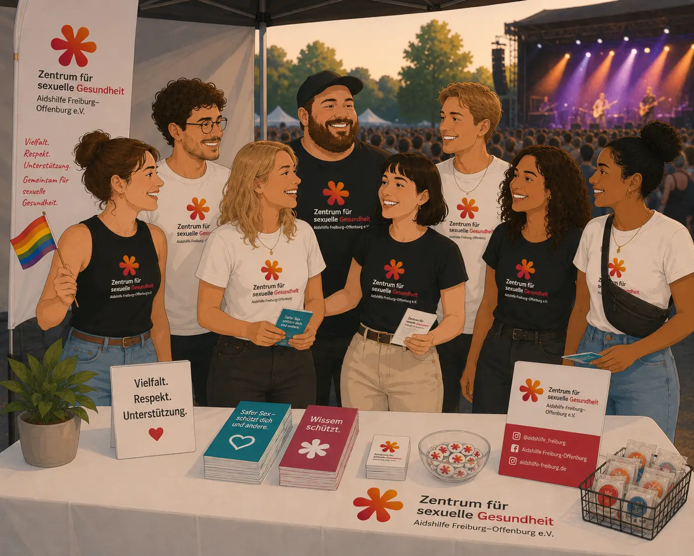 Illustration: Viele Ehrenamtliche stehen hinter einen Infostand bei einem Konzert.