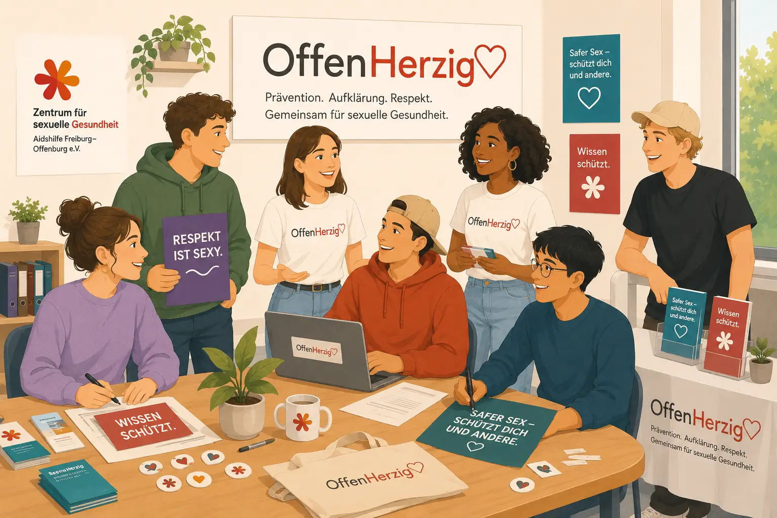 Illustration: Eine Gruppe Menschen, die sich ehrenamtlich in der OffenHerzig Gruppe engagieren sitzen an einem Tisch und stehen dahinter um zu beraten, was sie für Aktionen machen können