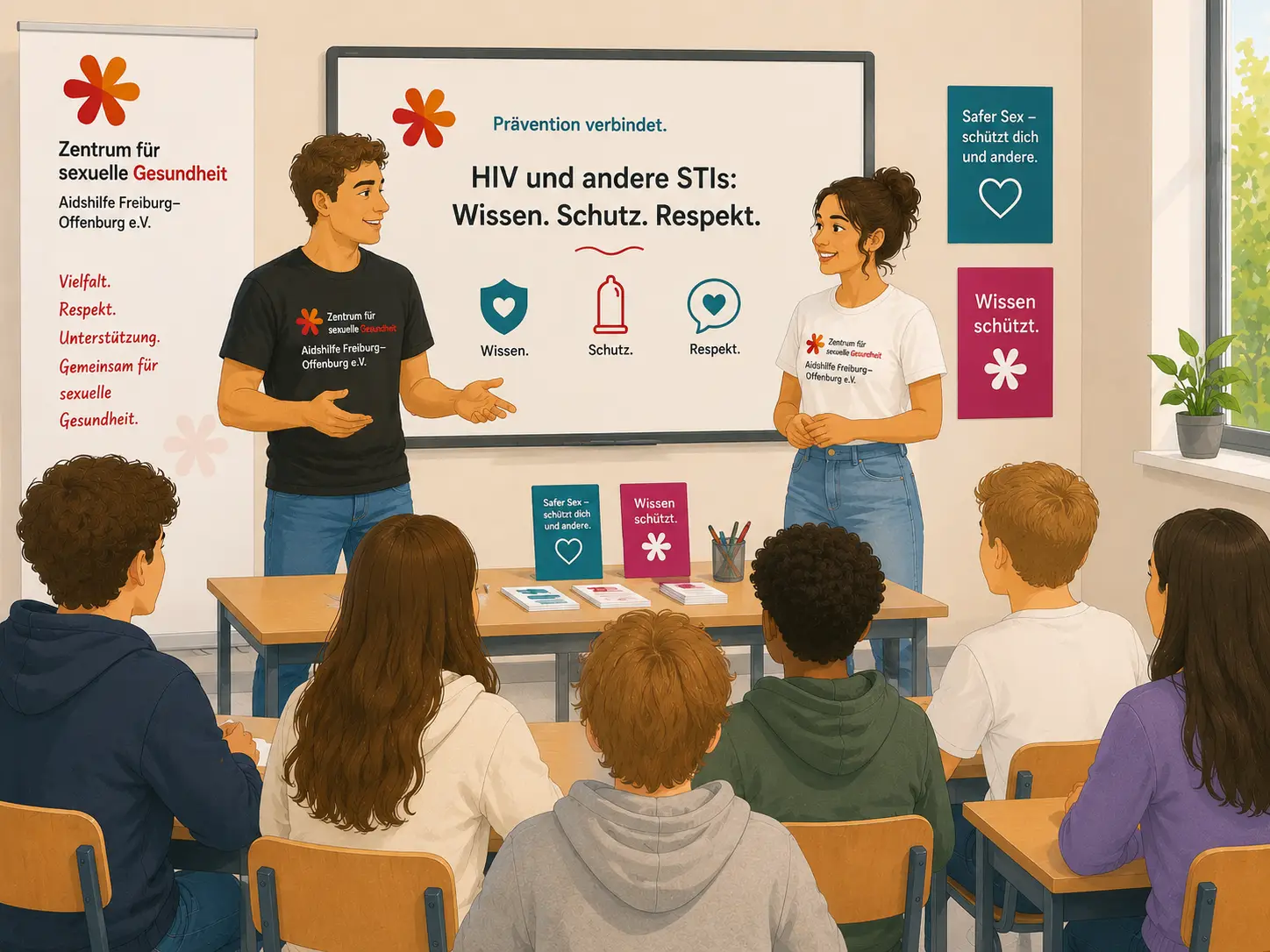 Illustration von zwei Personen die vor einer Schulklasse stehen und unterrichten.