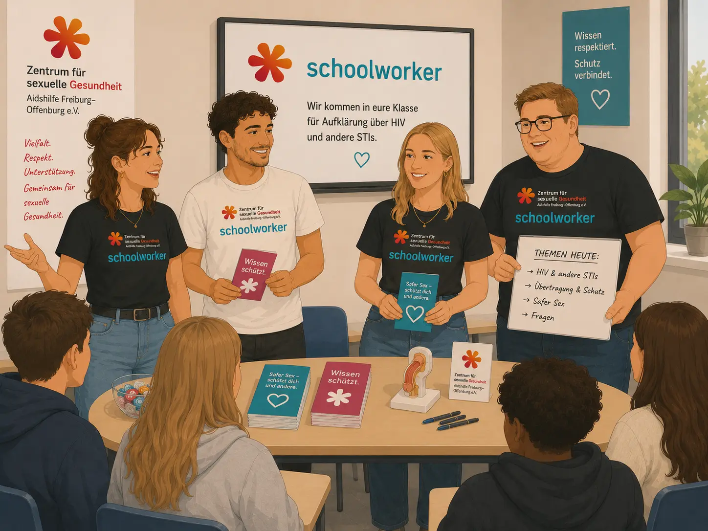 Illustration: Vier Ehrenamtliche stehen vor einer Schulklasse und informieren über sexuelle Gesundheit
