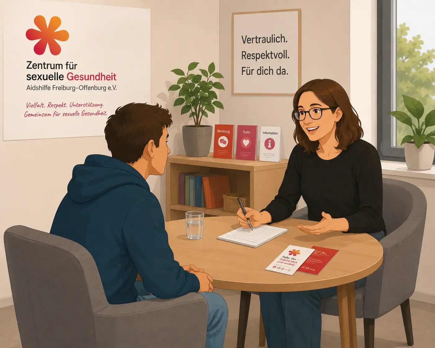 Illustration von zwei Personen die an einem Tisch und sprechen