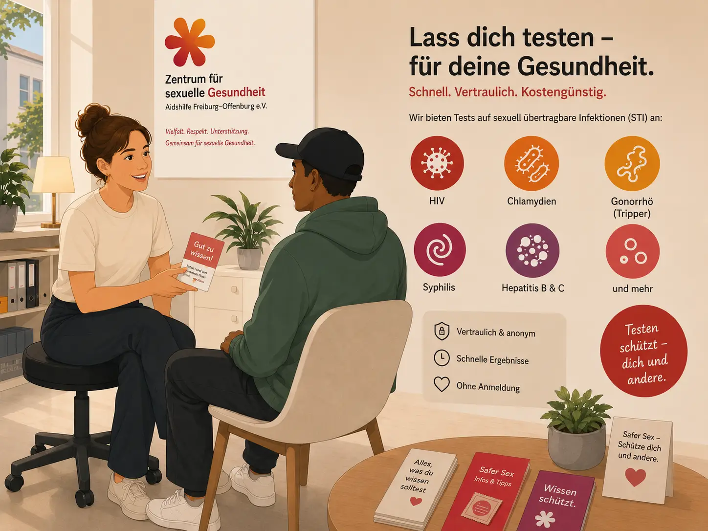 Illustration von zwei Personen die sich gegenüber sitzen und sprechen