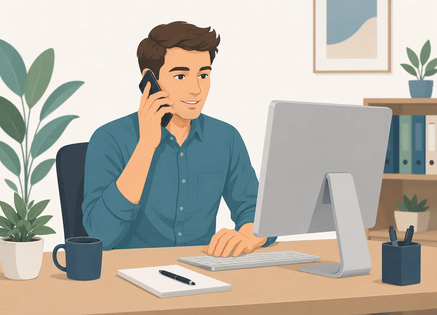 Illustration einer Person, die an einem Schreibtisch sitzt und telefoniert.