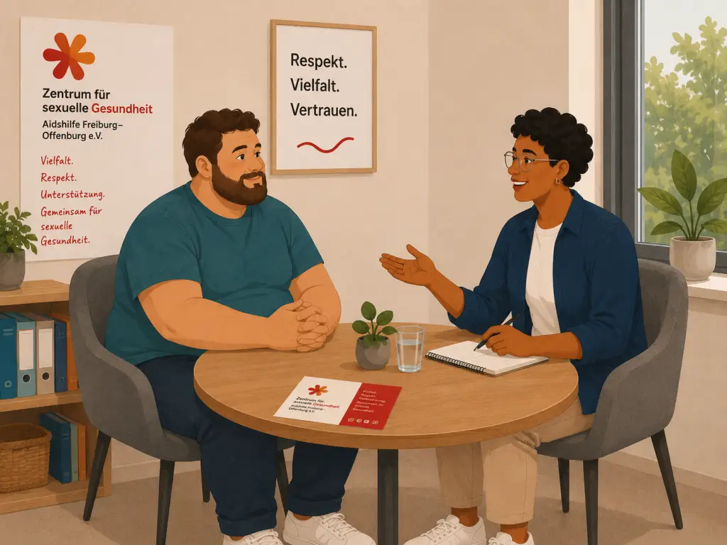 Illustration: Zwei Personen sitzen an einem Tisch und eine Person wird beraten