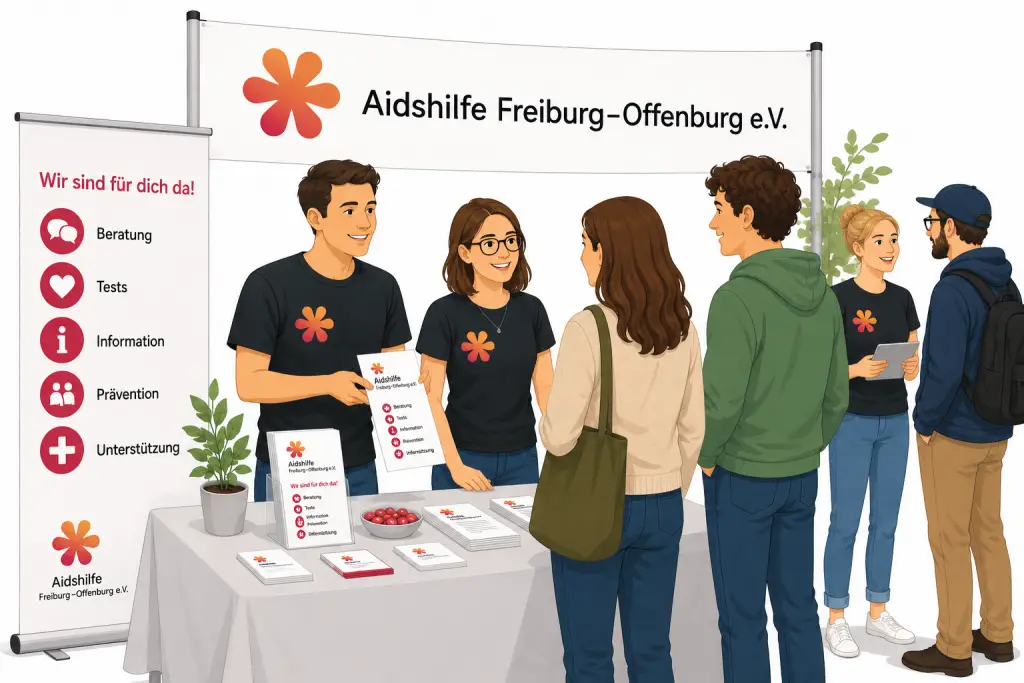 Illustration: Gruppe Menschen informiert andere Menschen über die Organisation an einem Infostand