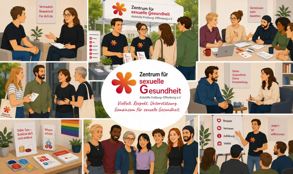 Eine Collage von verschiedenen Bildern, welche die Arbeit des Zentrum für sexuelle Gesundheit in ihrer Vielfalt zeigen