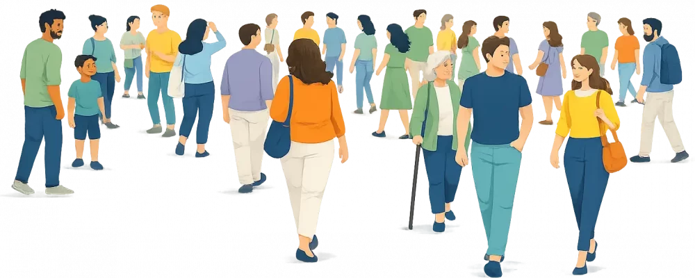 Illustration von vielen Menschen die durch Gegend laufen